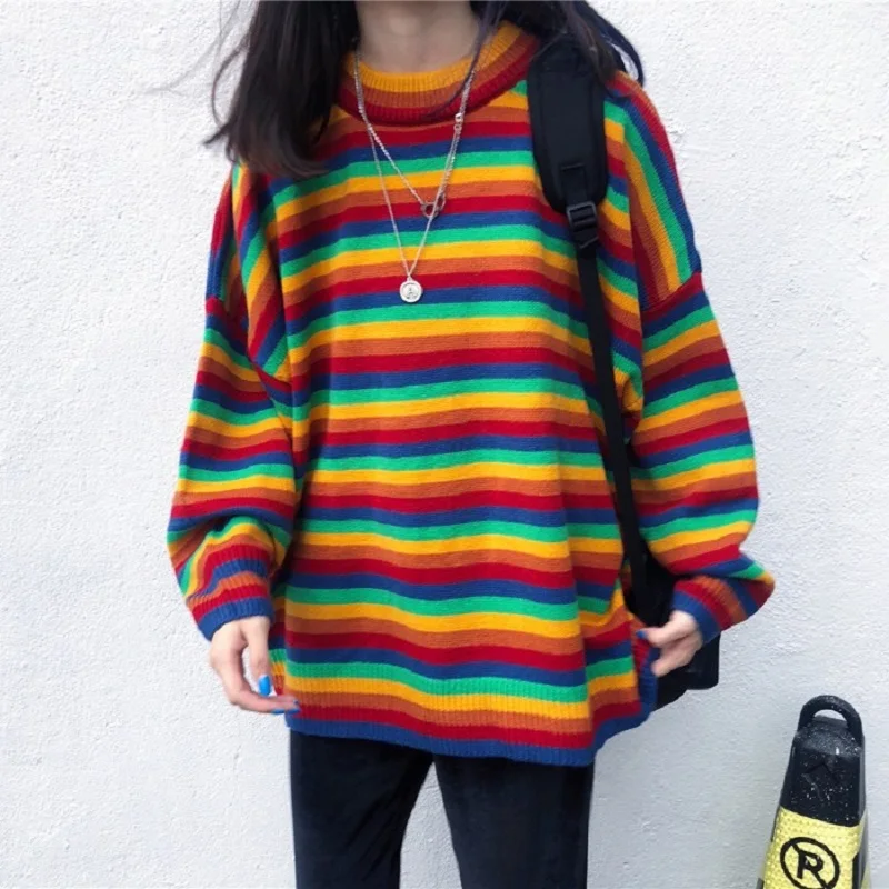 

Winter new fashion hip hop rainbow stripes loose hooded sweater female punk Harajuku loose hood O-neck casual female tops