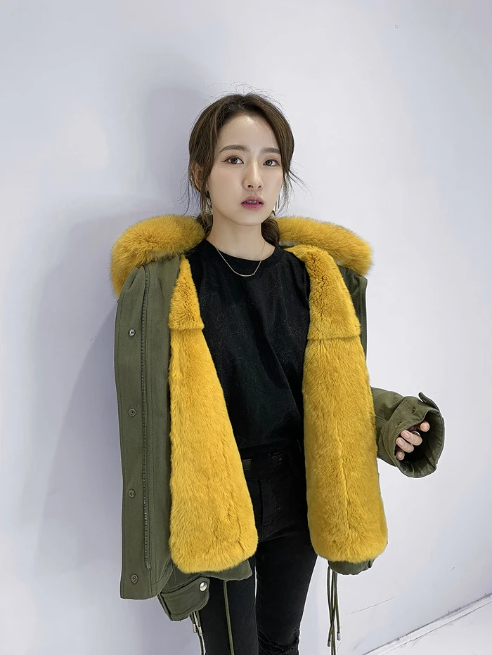 Пальто из натурального меха зимняя куртка Женская енота подкладка кроличьего