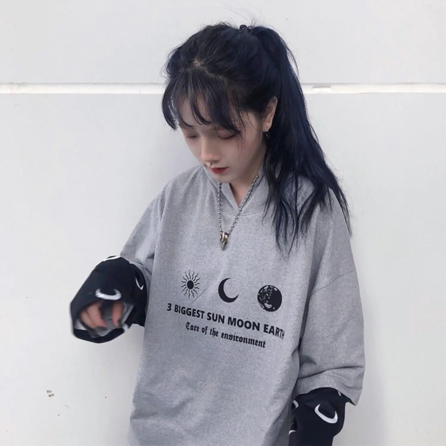 Harajuku уличная Винтажная Футболка для женщин, одежда, осень, корейский Ulzzang, с принтом, с капюшоном, Футболки женские, полный поддельные два топа