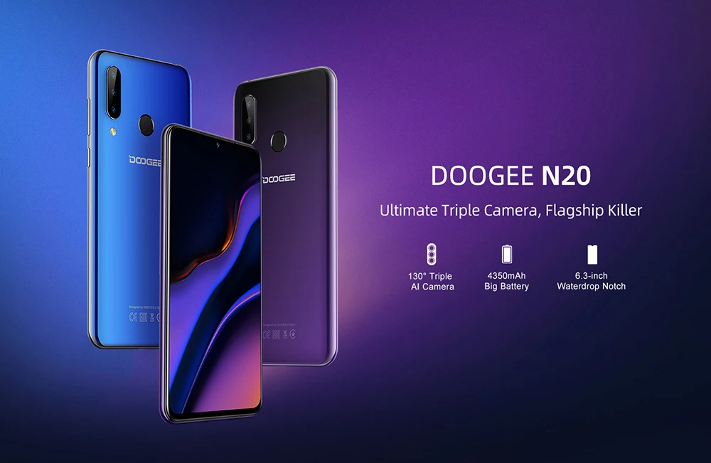 Мобильный телефон DOOGEE N20 16MP с тройной задней камерой 6,3 дюймов FHD+ дисплей 4 Гб 64 Гб MT6763 Восьмиядерный 4350 мАч мобильный телефон LTE