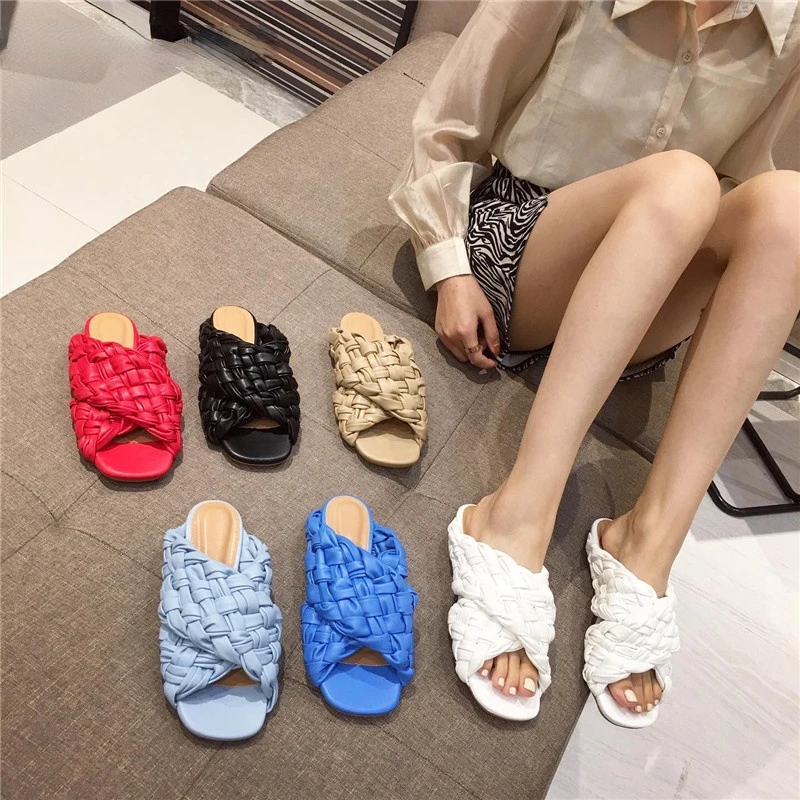 

Summer Women Slipper Brand Weave Ladies Sandal Shoes Low Open Toe Flat Casual Slides Beach Flip Flops Big Size 35-42