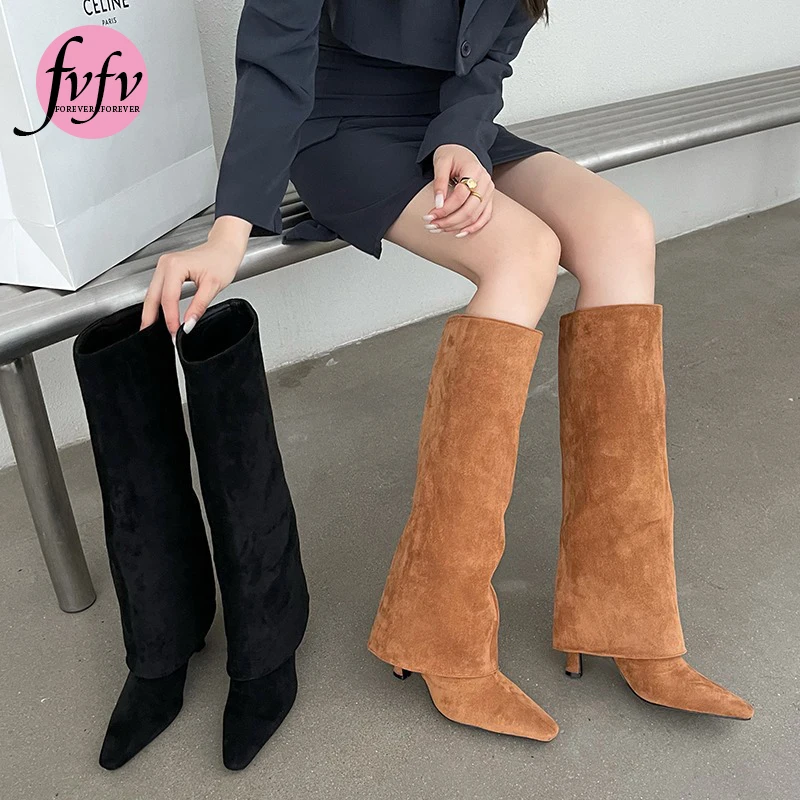 

Женские сапоги с острым носком [FVFV], черные сапоги на высоком каблуке, на танкетке, с острым носком