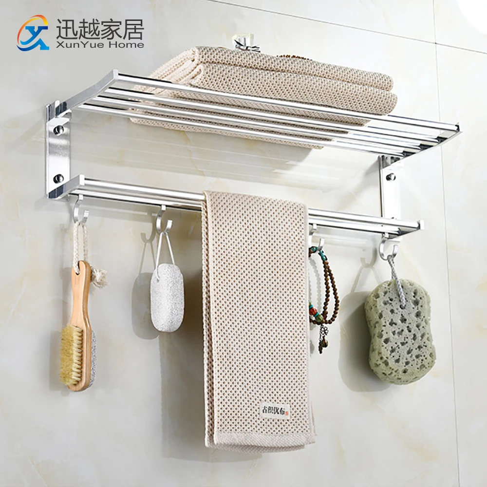 

Towel Rack Double-Layer Shower Holder Bathroom Accessories Fold Wall Organizer Hook Hanger Bright Silver Aluminum Storage Shelf