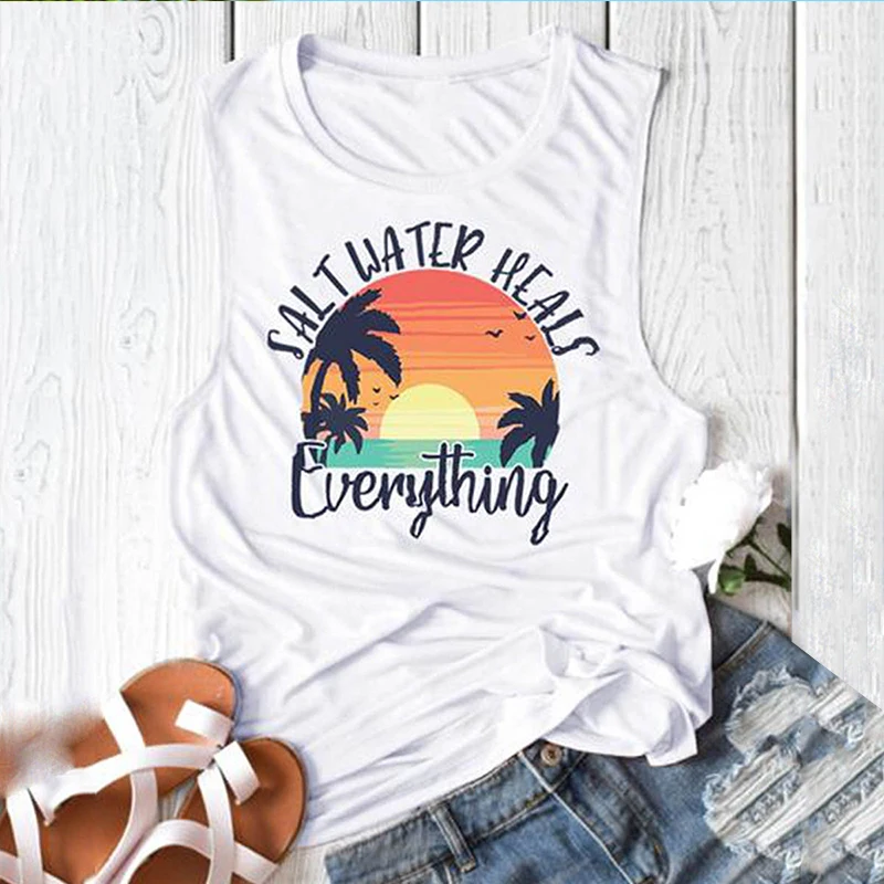 Соленая вода заживляет все Письмо печати Женская майка милые пляжные футболки с