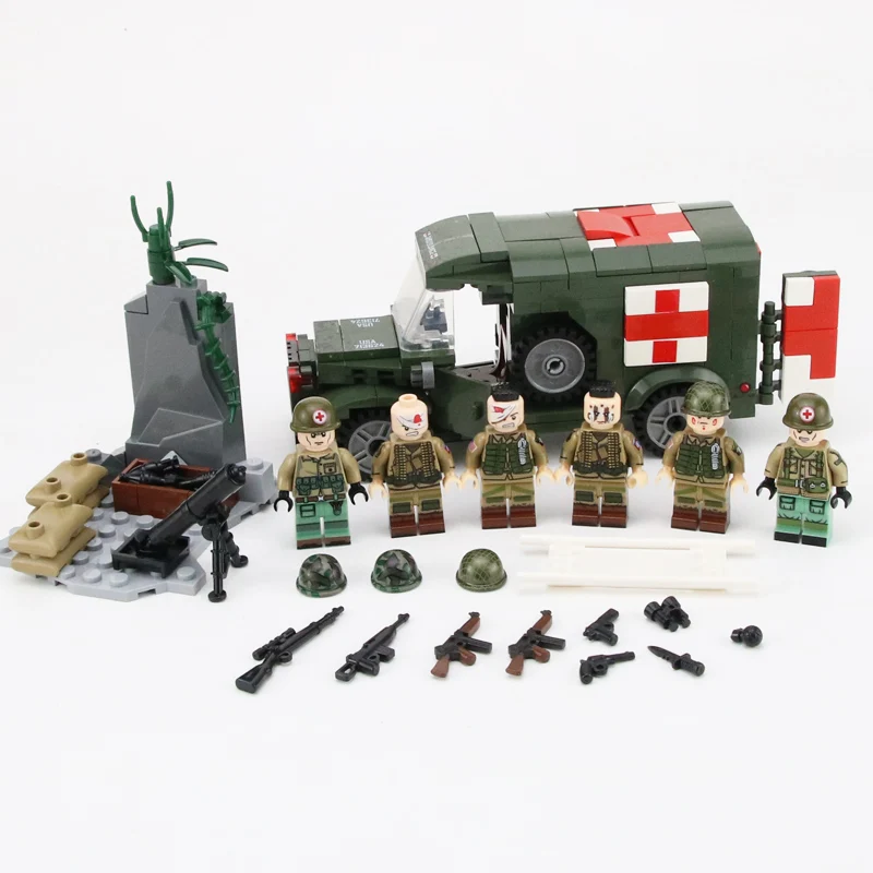 MOC WW2 армии США раненный солдат строительные блоки военные кубики для скорой помощи оружие кирпичи части строительные блоки игрушки для детей