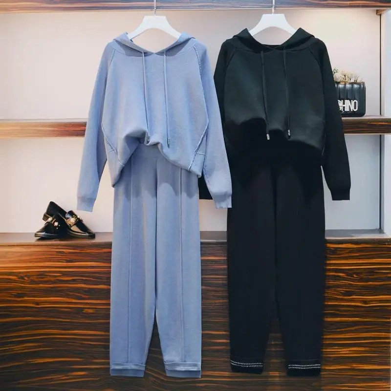 

2021 New Autumn Winter Women's Knitted Pullover Tracksuit Hooded Solid Color Loose Casual Two-piece Suit Plus Size 4XL Y227