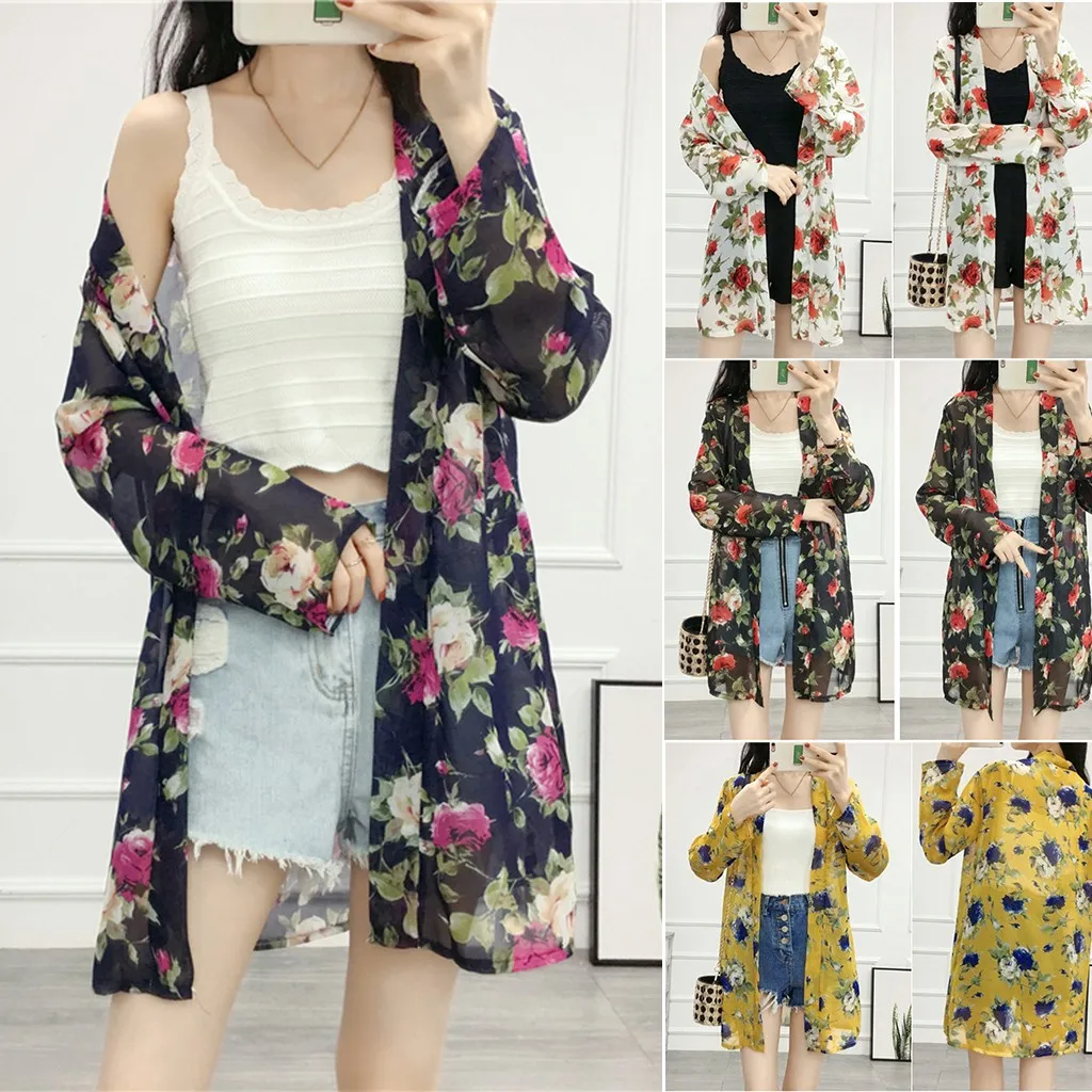 Женское пляжное шифоновое кимоно с цветочным принтом свободная накидка кардиган