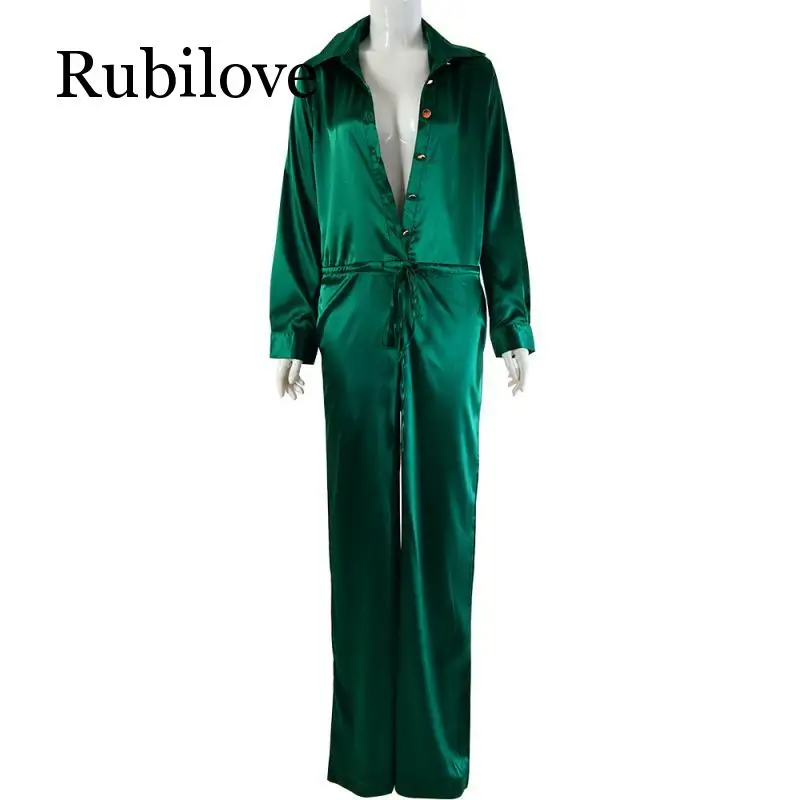 

Rubilove Elegant Loose Satin Bodycon Bandage Jumpsuit Women 2019 Spring Sexy Solid Lapel Deep V Neck Playsuits Ladies Streetwear