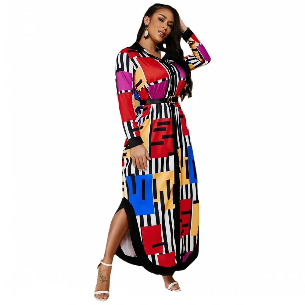 

Lapel Long Sleeve Stitching Plus Size Shirt Dress Oversized Women Printed Hem Lrregular Party Long Dress Large Size Vestido Fall