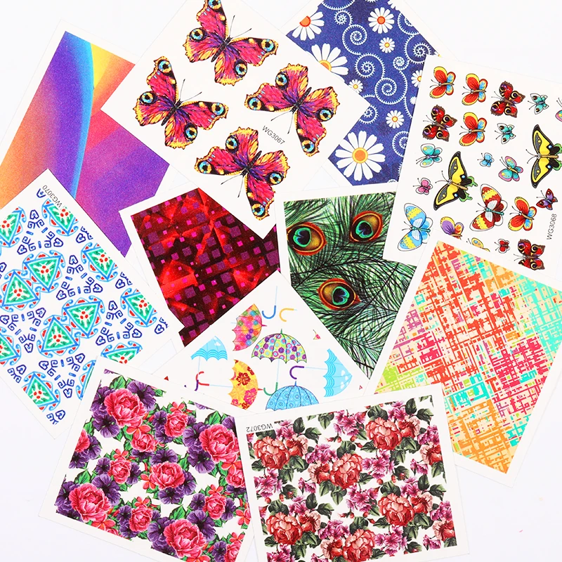 Цветные наклейки на ногти цветы фрукты перья смешанные узоры переводные для