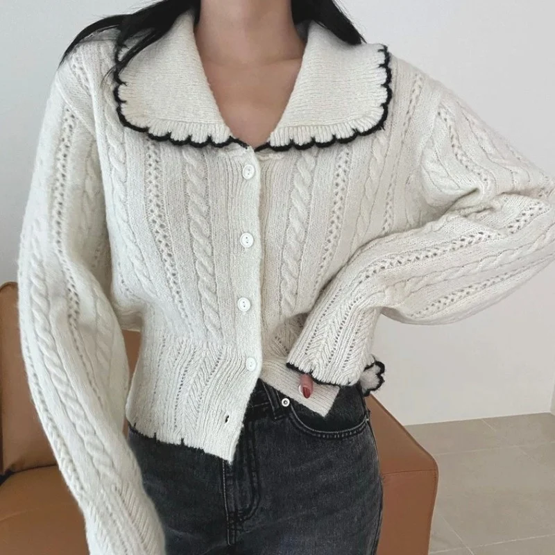 

Корейский вязаный кардиган на осень и зиму, однобортный трикотажный кардиган с большими отворотами и длинными рукавами