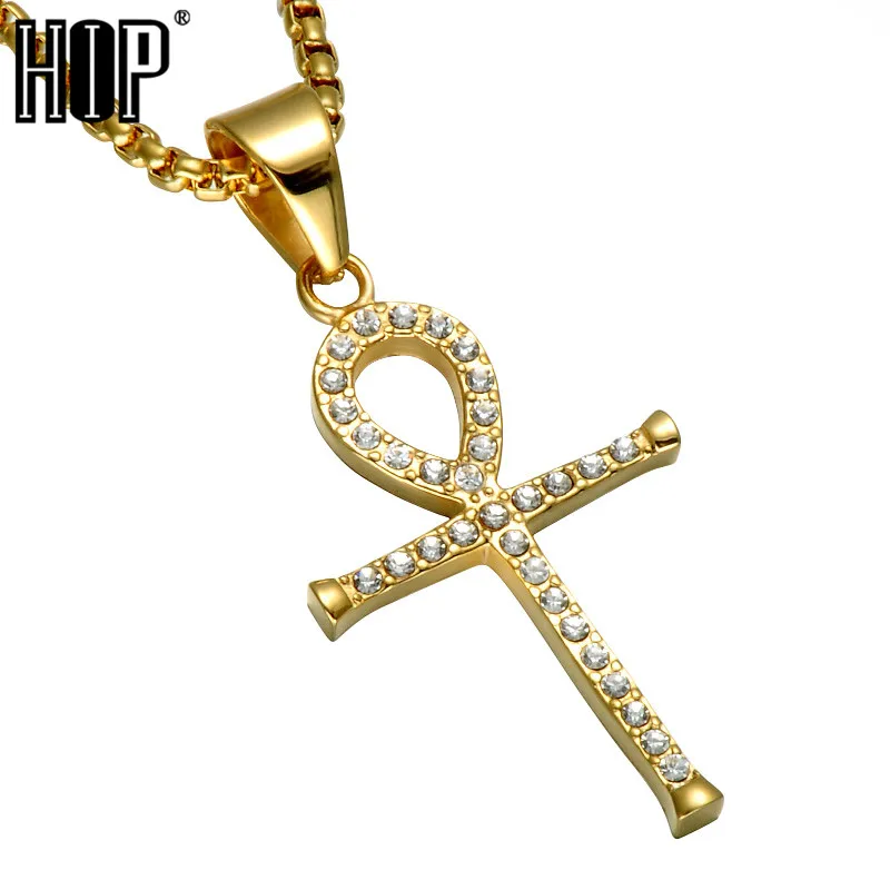 Hip Hop Gold Kleur Rvs Bling Iced Out Touw Ketting Egyptische Ankh Kruis Hangers & Kettingen Voor Mannen Sieraden Hip Hop Gold Kleur Rvs Bling Iced Out Touw Ketting Egyptische Ankh Kruis Hangers & Kettingen Voor Mannen Sieraden