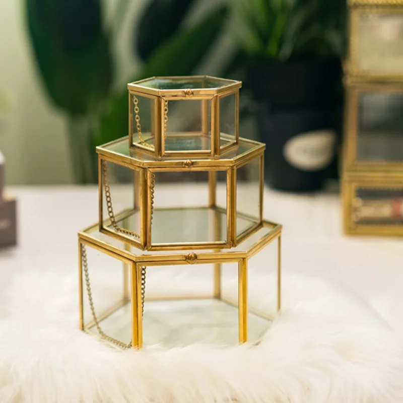

Storage Box Vintage Geometrical Glass Jewelry Box Retro Earring Ring Flower Plants Display Box Case Wedding makeup organizer