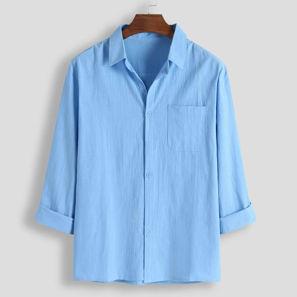 Мужские рубашки мешковатые хлопковые футболки с карманом и длинным рукавом в