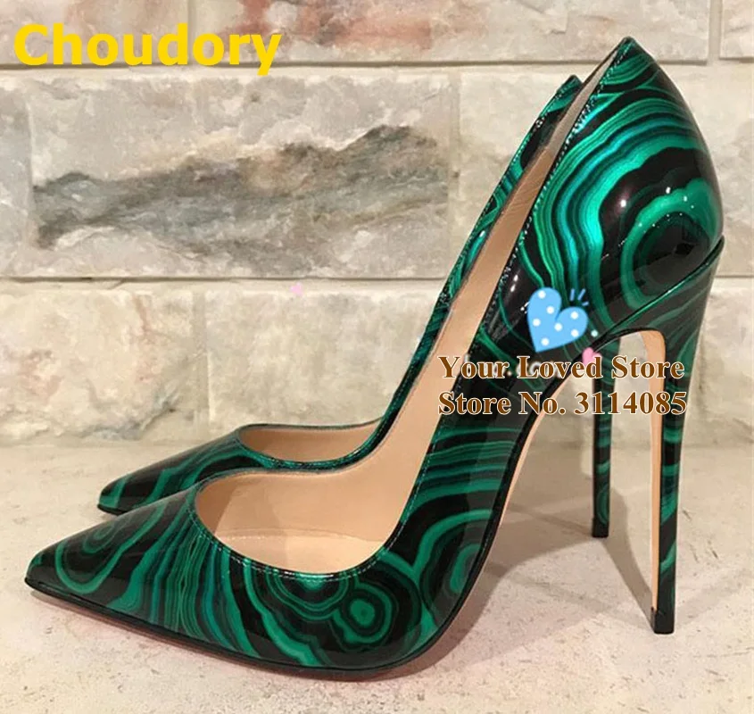 

Choudory Green Pattern Printed Pointed Toe High Heels Slip-on Stiletto Heel Dress Shoes Runway Celebrity Wedding Shoes 12cm Heel