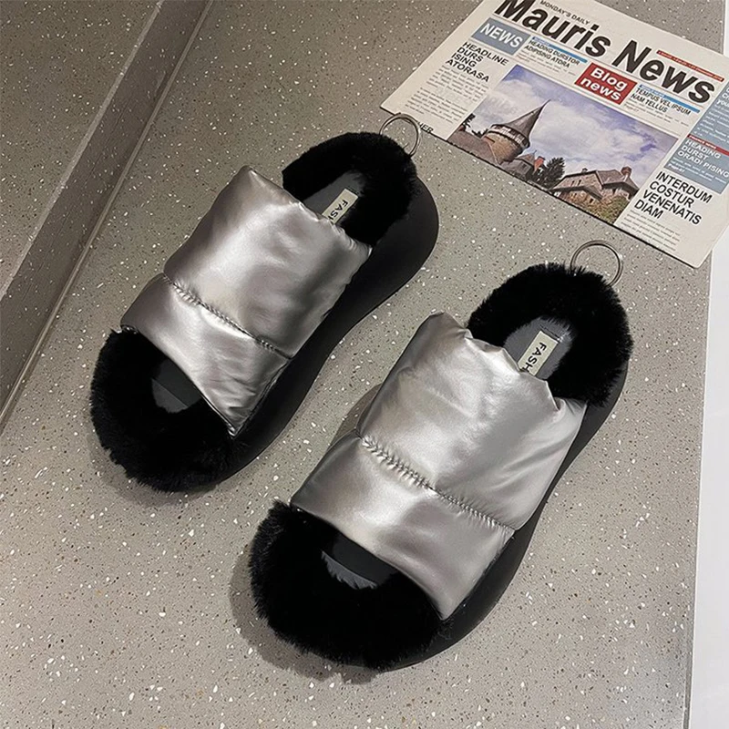 Shoes For Women 2021Winter Ladies Slippers Fashion Indoor Plush Faux Fur  Warm  Down Slip On Flats Sapatos Femininos