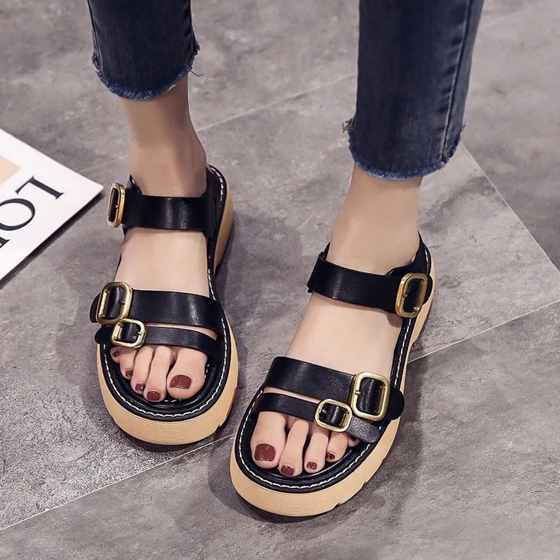 

Сандалии женские на толстой подошве, простые удобные универсальные босоножки в римском стиле, с открытым носком и пряжкой, повседневные, ле...