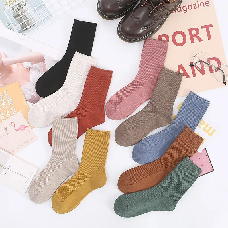 

Sfree 4Pairs Middle Tube Piles Korea Cute Women Solid Color Socks Summer Thin Student Sock Set