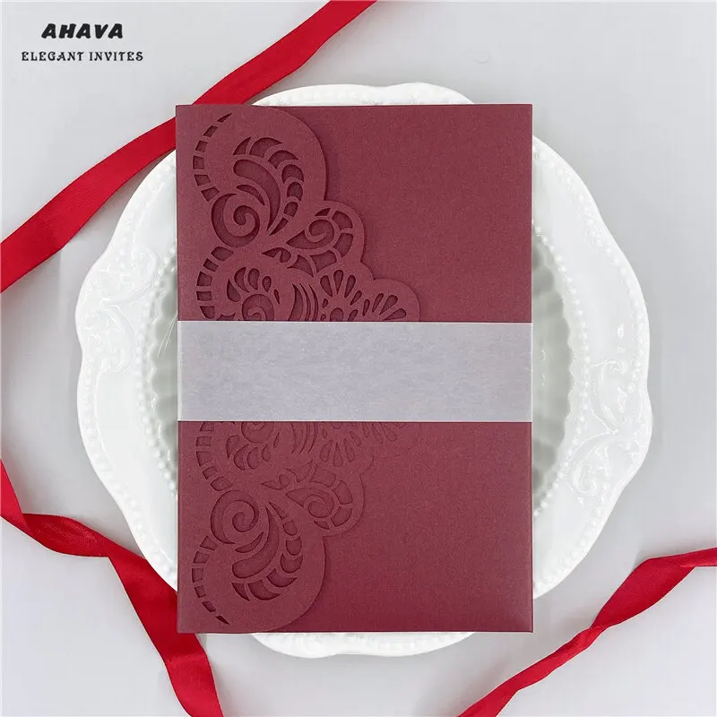

50× Burgundy Laser Cut Wedding Invitation Card Lace Flower Greeting Card Customize With RSVP Card Ribbon Wedding Party Supplies