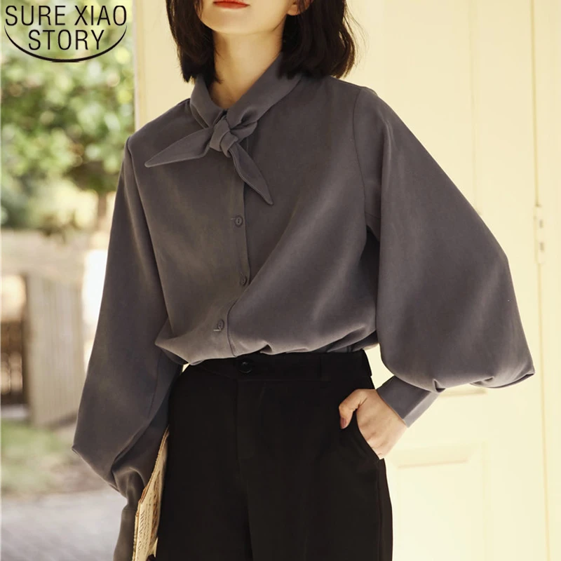 

Рубашка женская с длинным рукавом-фонариком, осенняя модная блузка для офиса, 2021, повседневные топы больших размеров, свободная Корейская о...