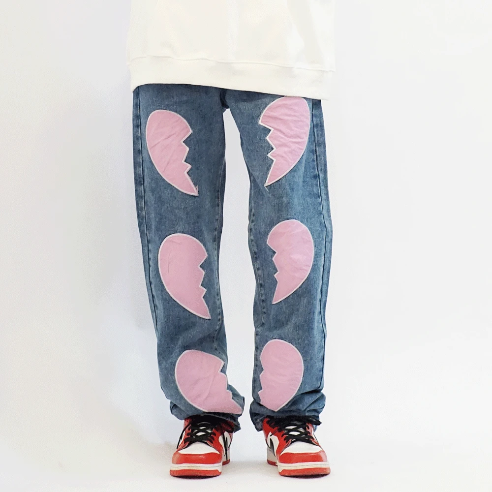 Korean Fashion Love Patch Embroidery Retro Washed Men Baggy Jeans Trousers Cotton Casual Straight Women Kpop Denim Pants Spodnie