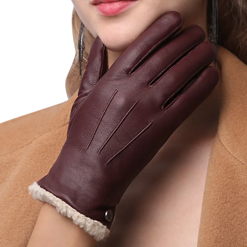 Fashion Winter Women Genuine Sheepskin Gloves Thermal Leather Short Glove Plus Velvet Driving Mittens S2622