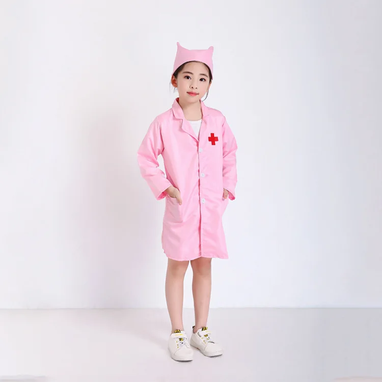Pink Девочка мальчик для врача для Медсестры Медицинский униформы Дети Белый хирургический колпачок халат лабораторное пальто Дети Скраб Кепка медицинская больница косплей костюмы - Цвет: Pink