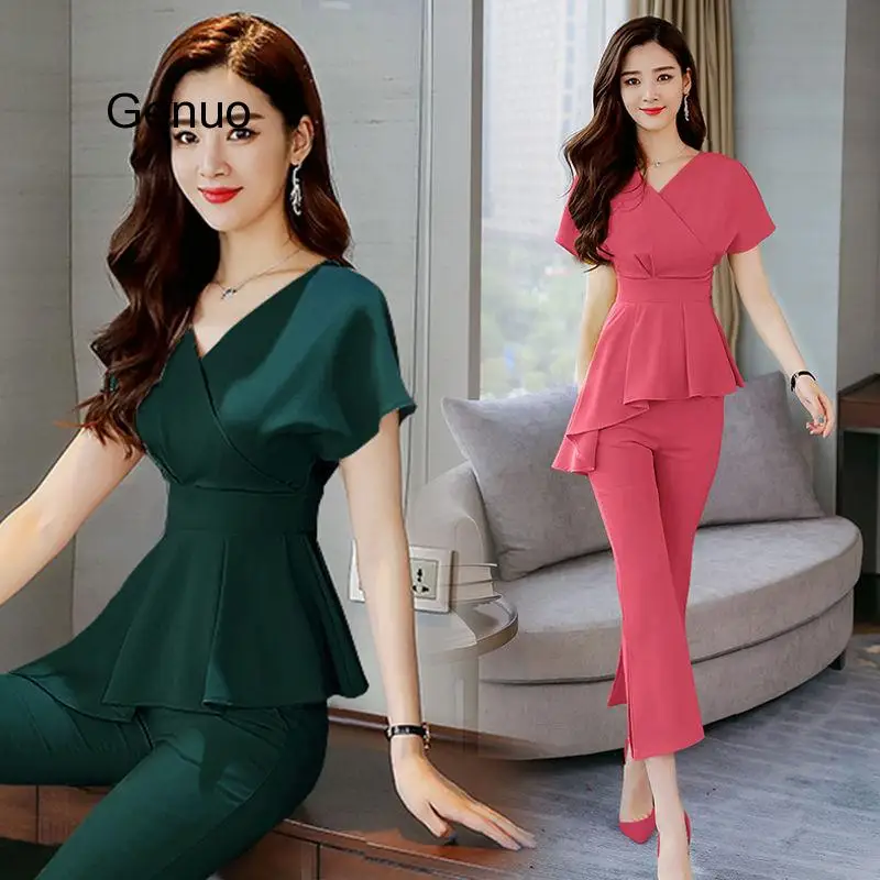 

Женский офисный костюм, блузка с V-образным вырезом и брюки с широкими штанинами, облегающий комплект из 2 предметов, 2020