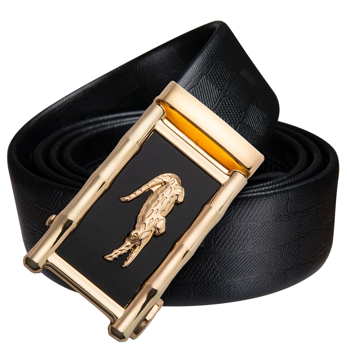 Barry.Wang Men Crocodile Belt Black Genuine Leather Gold Automatic Slide Buckle Emboss for Male Waist Strap Jeans | Аксессуары для