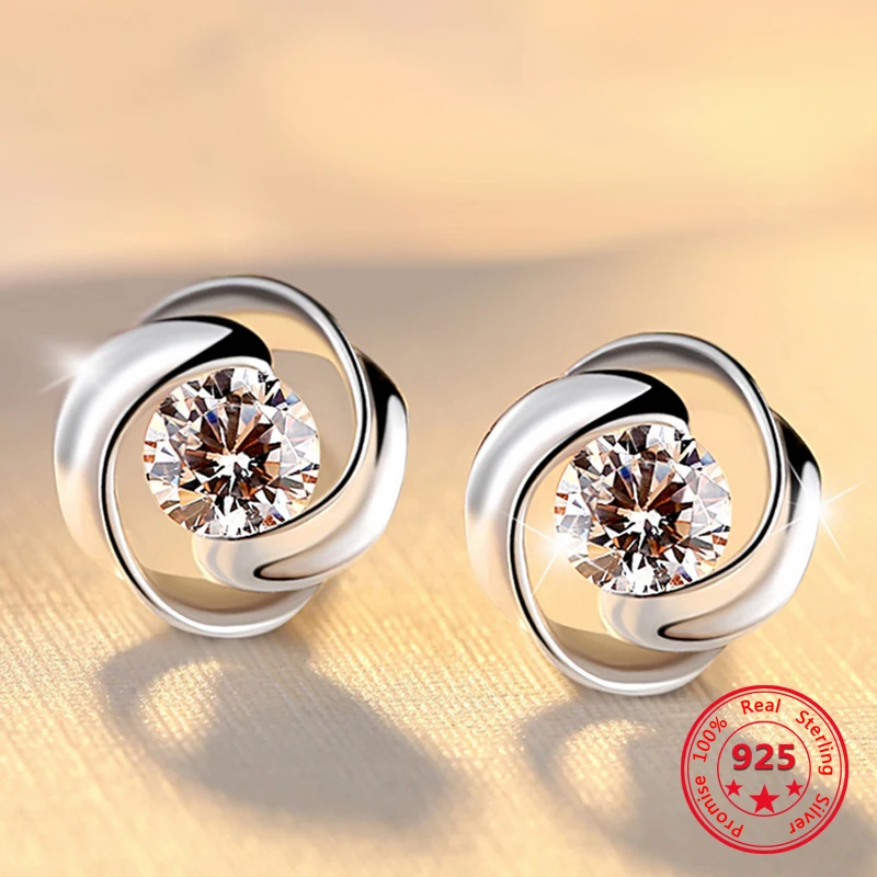 Hot Sale 100% 925 Sterling Silver Charm Shimmering Rose Petals Flower Stud Earrings CZ Woman Girl Holiday Gift | Украшения и
