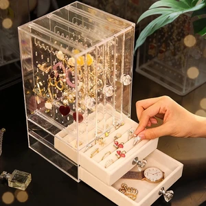 portable earrings ring display stand shelf dustproof acrylic jewelry storage box drawer women necklace bracelet organizer case free global shipping