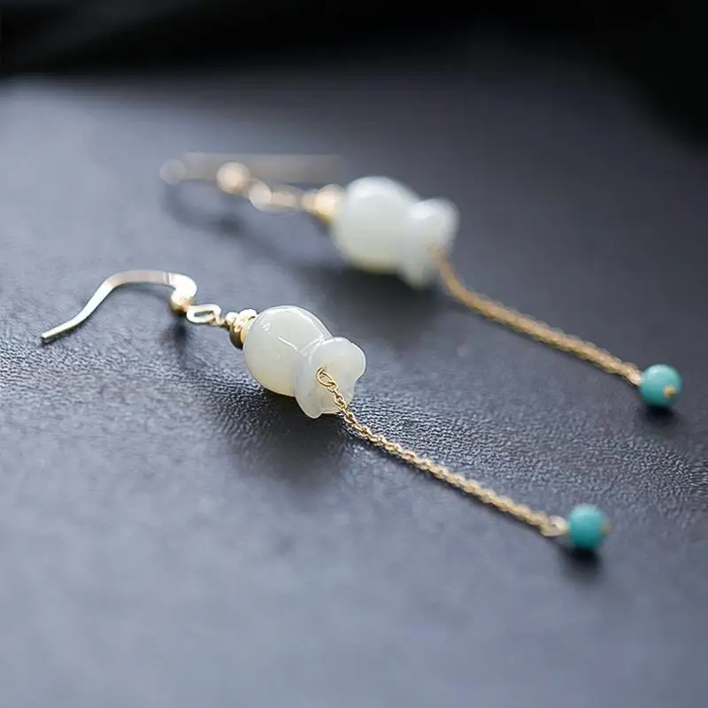 

Natural Hetian White Jade Flower Bud Tassel Earrings Retro Elegant Fresh Light Luxury Charm Women's Silver Jewelry