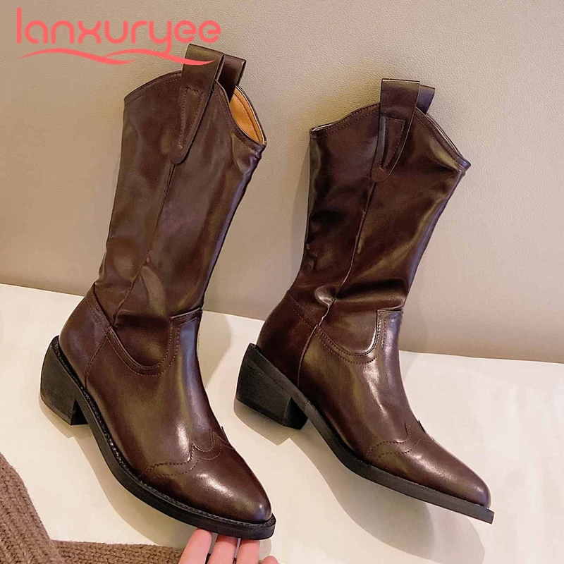 

Lanxuryee 2021 western boots split leather convenient pointed toe thick high heel slip on pretty girls dating mid-calf boots L16