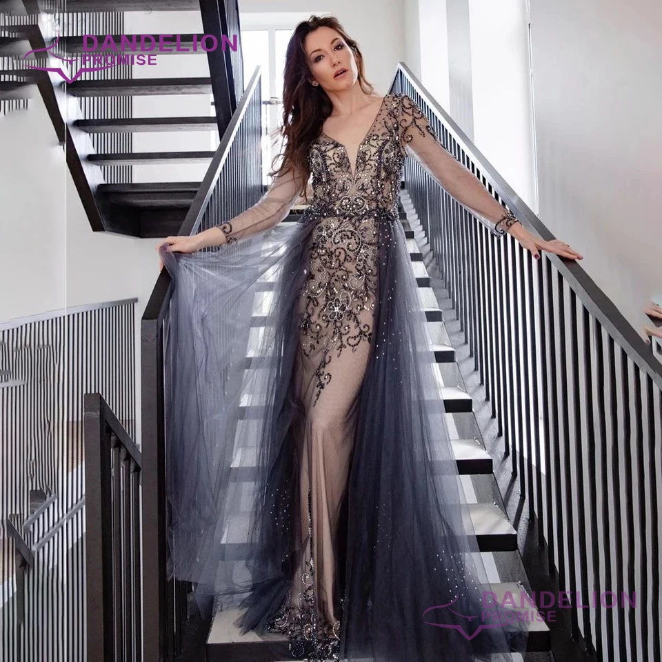 

Элегантное сексуальное вечернее платье с длинным рукавом и v-образным вырезом 2020 ТРАПЕЦИЕВИДНОЕ модное платье с бисером и шлейфом