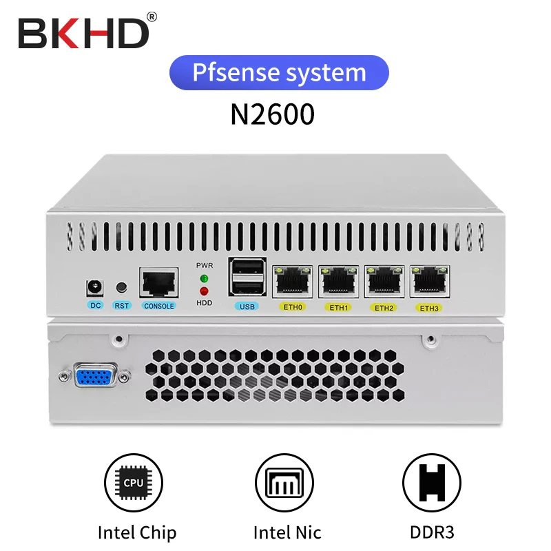 BKHD Firewall Mikrotik Pfsense VPN Network Security Appliance Router PC Intel Atom N2600,(4LAN/2USB2.0/1COM/1VGA)