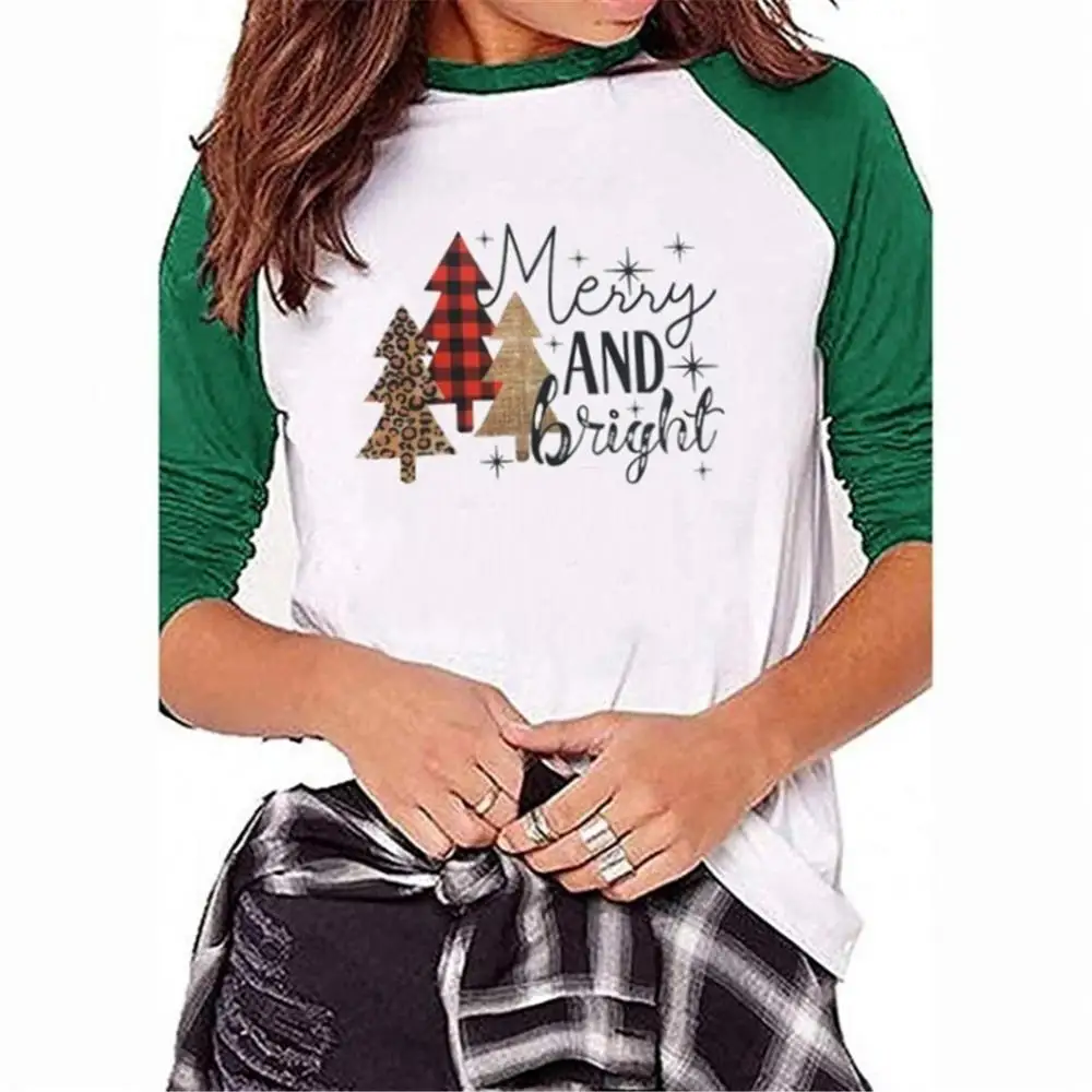 

Merry And Bright Letter Print Women T shirt Cute Christmas Trees Graphic T-shirt Raglan Sleeve Casual Harajuku Vogue Ladies Tops