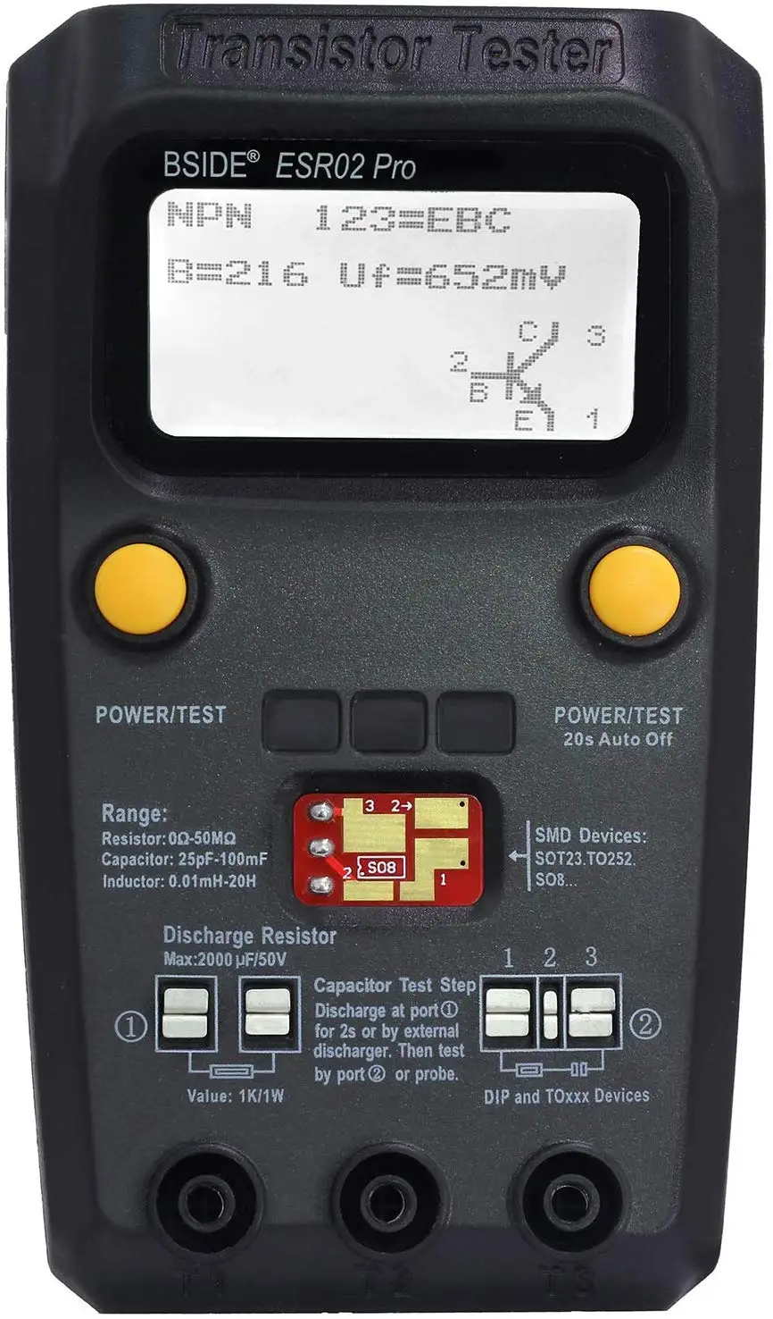 Цифровой тестер транзисторов BSIDE ESR02PRO, измеритель емкости, индуктивности, сопротивления LCR, мультиметр, SMD-компоненты, измерение ESR.