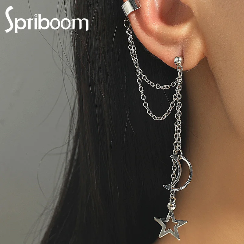 

New Star Moon Clip Earrings for Women 2021 Trend Ear Cuff Long Chain Ear Clips Personality Metal Jewelry Punk Pierced Earring