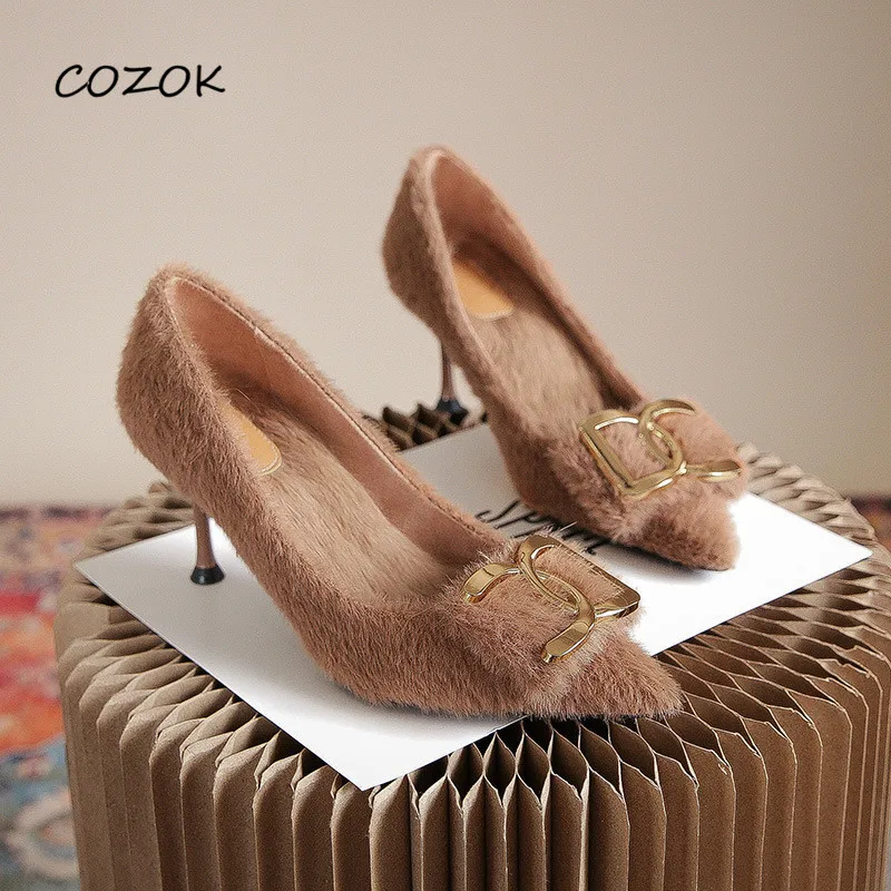 

Женские винтажные вечерние туфли на высоком каблуке, с мехом