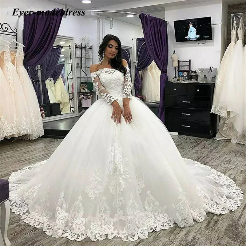 

New Summer Lace Appliques Wedding Dresses Off Shoulder Long Sleeves Lace Up Back Vestido De Noiva Princess Bride Ball Gown Dress