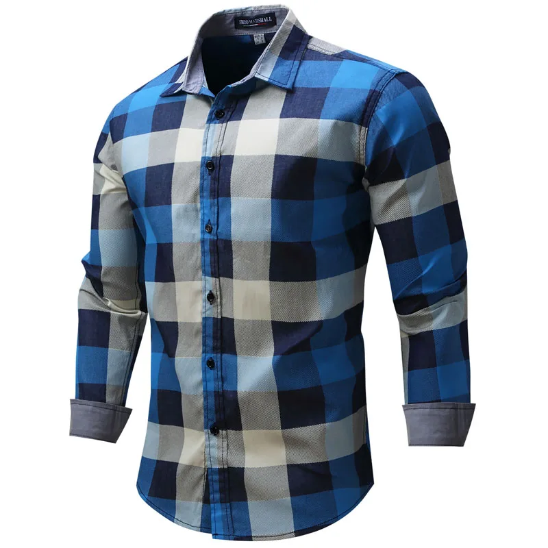 Nice Men Shirt Cotton Plaid Long Sleeve VogueSlim Blue Mens Clothing Camisa Masculina Europe Size Fashion | Мужская одежда