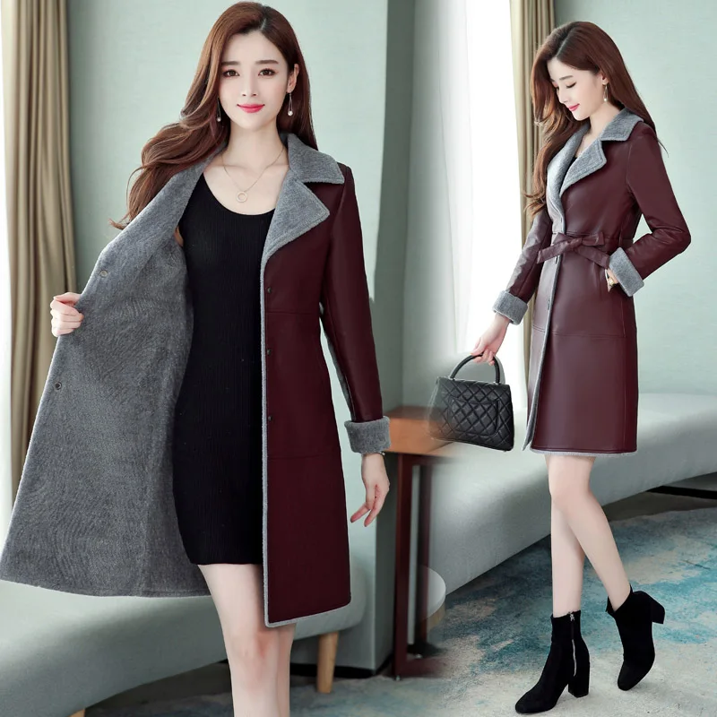 Женская меховая кожаная куртка зимняя Осенняя женская с поясом длинное пальто