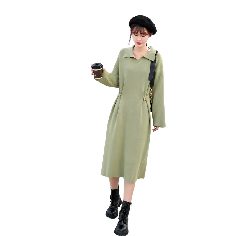 

Medium length Polo neck loose long skirt 2020 new waist slim knit dress bottomed wool dress