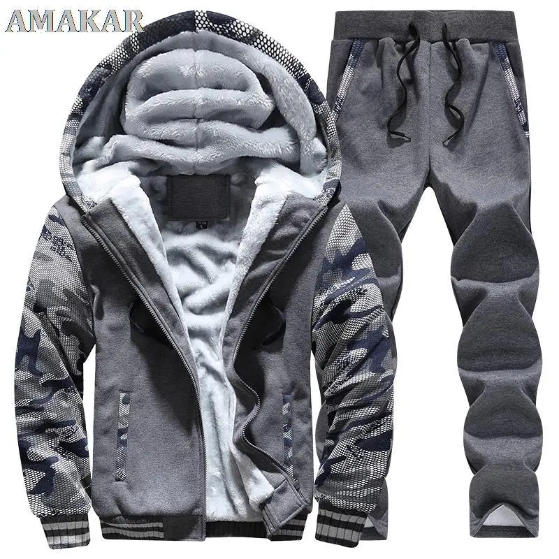 

Winter Inner Fleece Thicken Hoodies New Casual Hooded Warm Sweatshirts Tracksuit 2PC Jacket+Pant Men Moletom Masculino