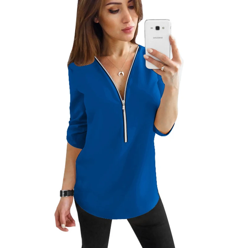 Повседневная Женская блузка на молнии с рукавом до локтя Осенний сексуальный
