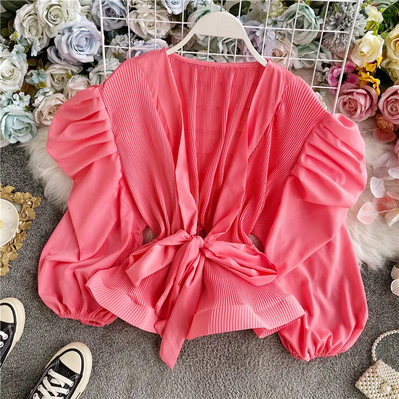 

New French V-neck Bow Lace-up Waist Pleated Chiffon Shirt Retro Puff Sleeve Shirt ML871 Women's Shirt Tops Spring / Summer 2020