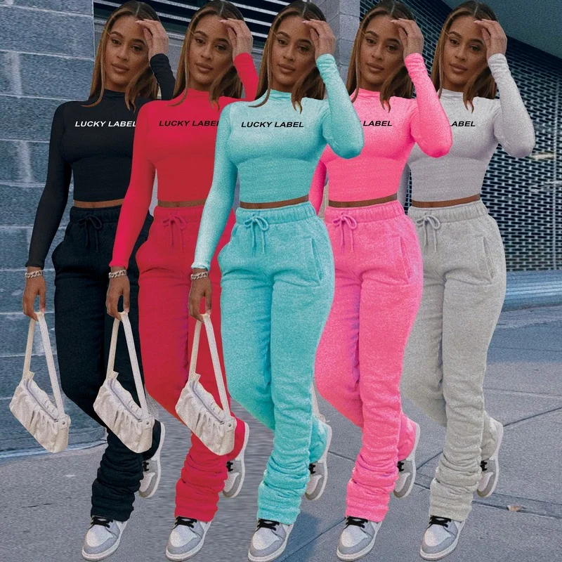 

2021 Sprint Long Sleeve Letter Print Crop Top T-shirt Pleated Stacked Long Pants Two Piece Set Work Out Tracksuit Matching Set