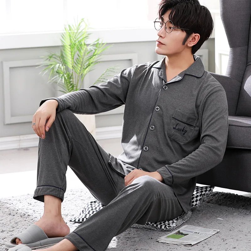 Мужская Хлопковая пижама LYun серый Домашний Светильник с длинными рукавами