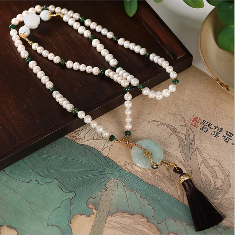 Женские ожерелья с изумрудами из нефрита натуральным жемчугом топ класса люкс