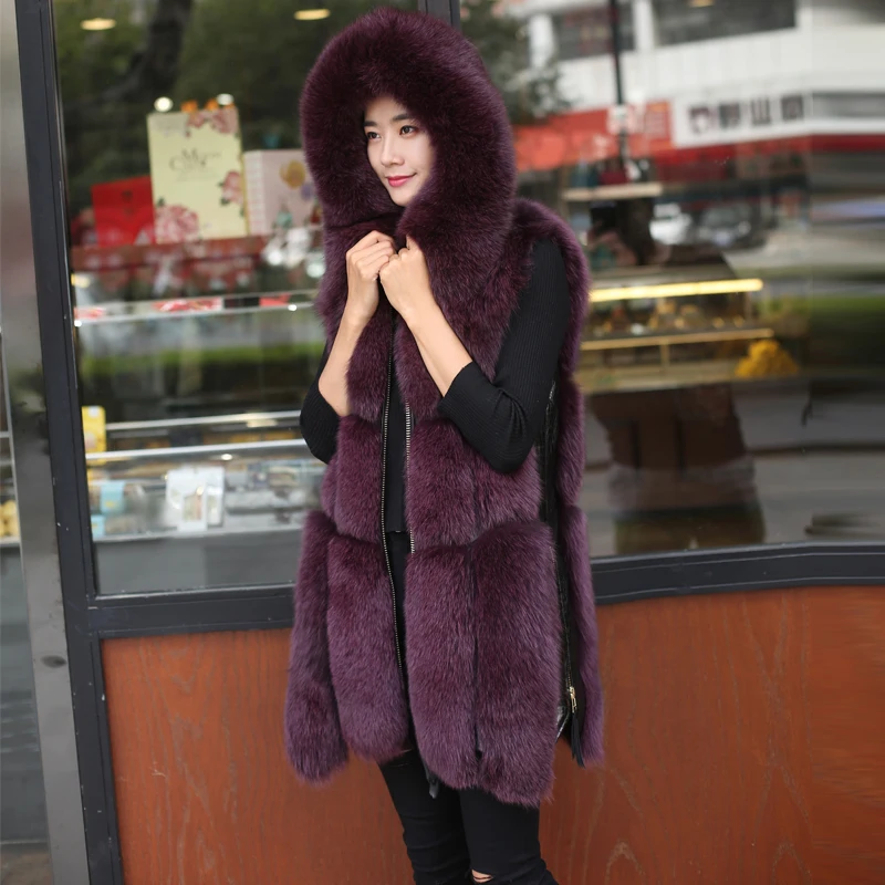 2020 Autumn Winter Imitation Fox Fur Vest Fur Jacket Women's Wild Haining Slim Fashion Hooded Stitching Vest Jacket Female B5